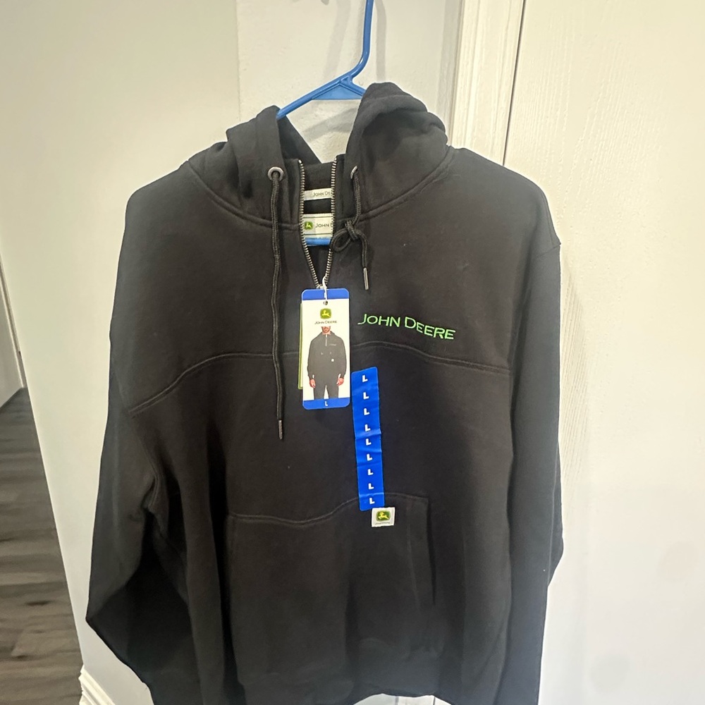 John Deere Black Zip-Up Hooded Sweatshirt with Green Logo